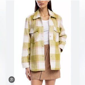 BLANKNYC Mountain Top Jacket/Shacket Lime Green Cream Beige Plaid Fleece Sz XS